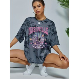 Tie Dye Letter Rock Music Guitar Print Tee, Summer Round Neck Casual Sports T-shirts, Women's Clothing