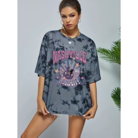 Tie Dye Letter Rock Music Guitar Print Tee, Summer Round Neck Casual Sports T-shirts, Women's Clothing