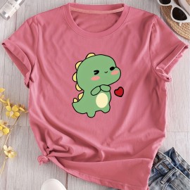 Cartoon Dinosaur Print Casual T-Shirt, Round Neck Short Sleeves Stretchy Versatile Sports Tee, Women's Tops