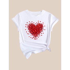 Women's Heart Print Crew Neck Short Sleeve Casual Sport T-Shirt