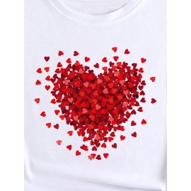 Women's Heart Print Crew Neck Short Sleeve Casual Sport T-Shirt