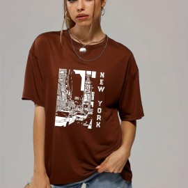 Retro Letter & City Street Print Pullover Shirt, Fashion Crew Neck Short Sleeve Tee, Women's Clothing