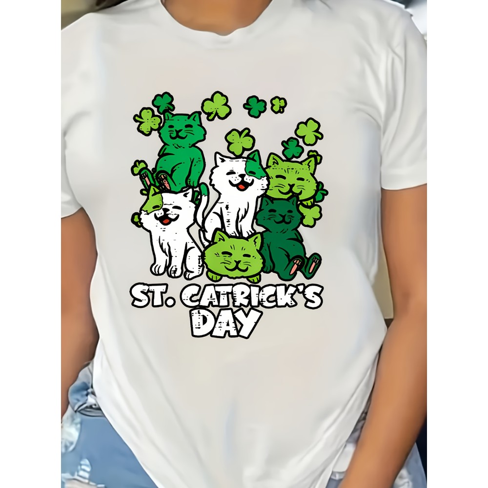 St.Patrick's Day Clover And Cat Print Sports T-shirt, Round Neck Short Sleeves Running Fitness Tops, Women's Activewear