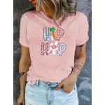 Easter Rabbit Print Round Neck Sports T-shirt, Short Sleeves Casual Workout Tops, Women's Activewear