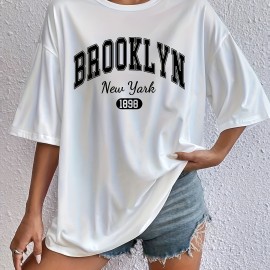 Letter & Number Print Casual T-Shirt, Short Sleeves Round Neck Loose Fit Sports Tee, Women's Sporty Tops