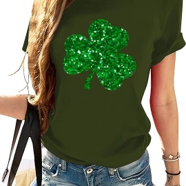 Clover Pattern Casual T-Shirt, Round Neck Short Sleeves Stretchy Sports Tee, St. Patrick's Day Women's Clothing