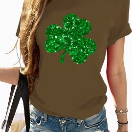 Clover Pattern Casual T-Shirt, Round Neck Short Sleeves Stretchy Sports Tee, St. Patrick's Day Women's Clothing