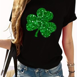 Clover Pattern Casual T-Shirt, Round Neck Short Sleeves Stretchy Sports Tee, St. Patrick's Day Women's Clothing