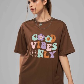 Women's Summer Tops - Smiling Face & Cartoon Flower Letter Print T-shirt