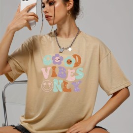 Women's Summer Tops - Smiling Face & Cartoon Flower Letter Print T-shirt