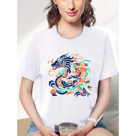 Colorful Chinese Dragon Print Casual T-Shirt, Round Neck Short Sleeves Comfy Sports Top, Women's Sporty Clothing