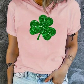 St. Patrick's Day Clover Pattern T-Shirt, Short Sleeve Crew Neck Casual Sports Tee, Women's Clothing