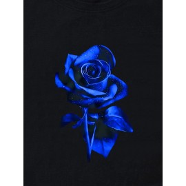 Valentine's Day Rose Print Casual Sports T-Shirt, Round Neck Short Sleeves Tee, Women's Activewear