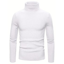 Turtle Neck Knitted Slim Fit Sweater, Men's Casual Warm Solid High Stretch Pullover Sweater For Fall Winter