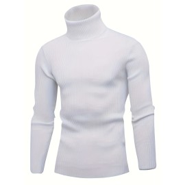 Turtle Neck Knitted Slim Fit Sweater, Men's Casual Warm Solid High Stretch Pullover Sweater For Fall Winter