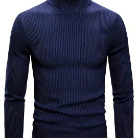 Turtle Neck Knitted Slim Fit Sweater, Men's Casual Warm Solid High Stretch Pullover Sweater For Fall Winter