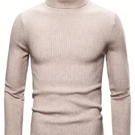 Turtle Neck Knitted Slim Fit Sweater, Men's Casual Warm Solid High Stretch Pullover Sweater For Fall Winter