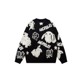 YWFG Cute Knitted Cute Rabbit & Wealth Chenille Embroidery Sweater, Men's Casual Warm Crew Neck Pullover Sweater For Men Fall Winter