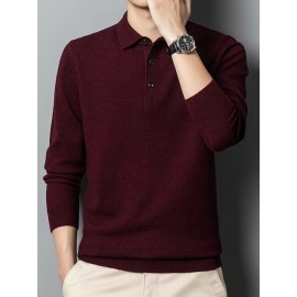 Solid Color Men's Stretch Comfy Knitted Long Sleeve Lapel Shirt, Men's Thin Spring Fall Sweater Pullover Top