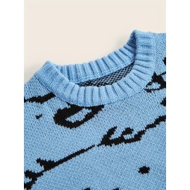 Cute Cats Pattern Knitted Sweater, Men's Casual Warm Slightly Stretch Crew Neck Pullover Sweater For Men Fall Winter