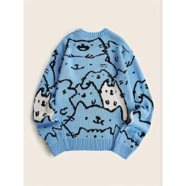 Cute Cats Pattern Knitted Sweater, Men's Casual Warm Slightly Stretch Crew Neck Pullover Sweater For Men Fall Winter