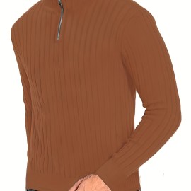 Men's Stand Collar Solid Knit Sweater , Men's Casual Lapel Slightly Stretch V-Neck Pullover Sweater For Men Winter Fall