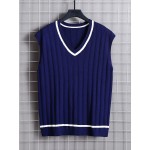 Loose Fit High Stretch Knitted Sweater Vest, Men's Casual Vintage Style V Neck Pullover Cardigan Vest For Fall Winter