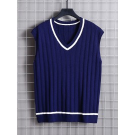 Loose Fit High Stretch Knitted Sweater Vest, Men's Casual Vintage Style V Neck Pullover Cardigan Vest For Fall Winter