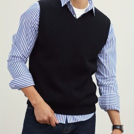 Men's V Neck Sweater Vest, Pullover Solid Color Sleeveless Sweaters Vest, Preppy Style