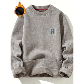 Knitted Plush Lined Sweater, Men's Casual Warm Slightly Stretch Crew Neck Pullover Sweater For Men Fall Winter