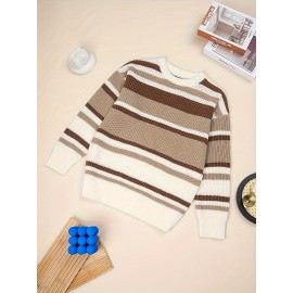 Men's Stylish Vintage Style Color Matching Knitted Pullover, Casual Breathable Long Sleeve Crew Neck Top For City Walk Street Hanging Outdoor Activities