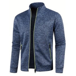 Elegant Mid Stretch Cardigan, Men's Casual Full Zip Up Cardigan Sweater Coat For Fall Winter