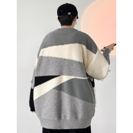 Men's Stylish Stripe Tassel Knitted Pullover, Casual Mid Stretch Breathable Long Sleeve Crew Neck Top For City Walk Street Hanging Outdoor Activities