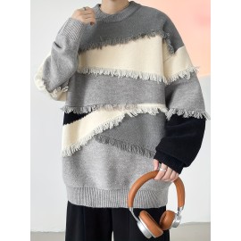 Men's Stylish Stripe Tassel Knitted Pullover, Casual Mid Stretch Breathable Long Sleeve Crew Neck Top For City Walk Street Hanging Outdoor Activities