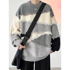 Men's Stylish Stripe Tassel Knitted Pullover, Casual Mid Stretch Breathable Long Sleeve Crew Neck Top For City Walk Street Hanging Outdoor Activities