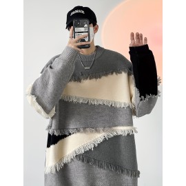 Men's Stylish Stripe Tassel Knitted Pullover, Casual Mid Stretch Breathable Long Sleeve Crew Neck Top For City Walk Street Hanging Outdoor Activities