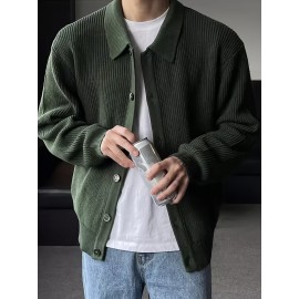 Men's Stylish Solid Loose Cardigan, Casual Mid Stretch Breathable Long Sleeve Lapel Top For City Walk Street Hanging Outdoor Activities