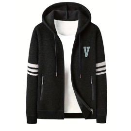 Men's Striped Fleece Hooded Cardigan, Casual Slightly Stretch Breathable Zip Up Thermal Jacket For Fall Winter Outdoor