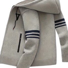 Men's Striped Fleece Hooded Cardigan, Casual Slightly Stretch Breathable Zip Up Thermal Jacket For Fall Winter Outdoor