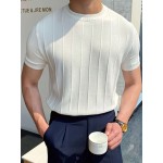 Men's Stylish Solid Knitted Pullover, Casual Breathable Short Sleeve Crew Neck Top For City Walk Street Hanging Outdoor Activities