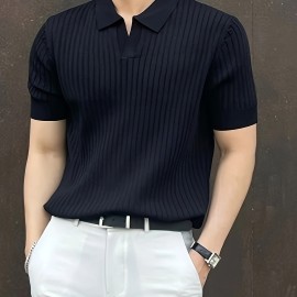 Men's Stripe Pattern Sweater, Casual Breathable Medium Stretch Short Sleeve Knitted Top For Summer