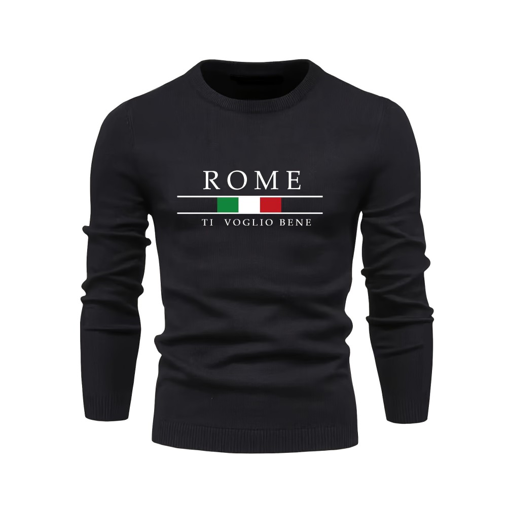 ROME Print Men's Casual Stretch Long Sleeve Knitted Round Neck Sweater, Spring Fall Pullover Top