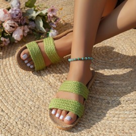 Women's Stylish Slip On Straw Sandals - Lightweight Vacation Slides with Soft Linen Sole