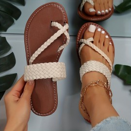 Women's Casual Beach Slide Sandals with Toe Loop Braided Band - Slip On Comfort for Summer Outings