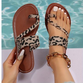 Leopard Printed Flat Slides - Non Slip Open Toe Sandals for Women