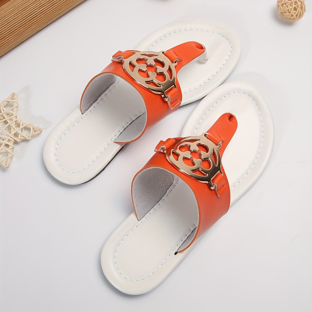 Women's Metallic Buckle Decor Flip Slops, Slip On Lightweight Soft Sole Casual Slides, Summer Beach Slides