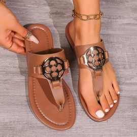 Women's Metallic Buckle Decor Flip Slops, Slip On Lightweight Soft Sole Casual Slides, Summer Beach Slides