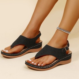 Women's Retro Wedge Thong Sandals, Casual Buckle Strap Arch Support Sandals, Comfortable Summer Sandals