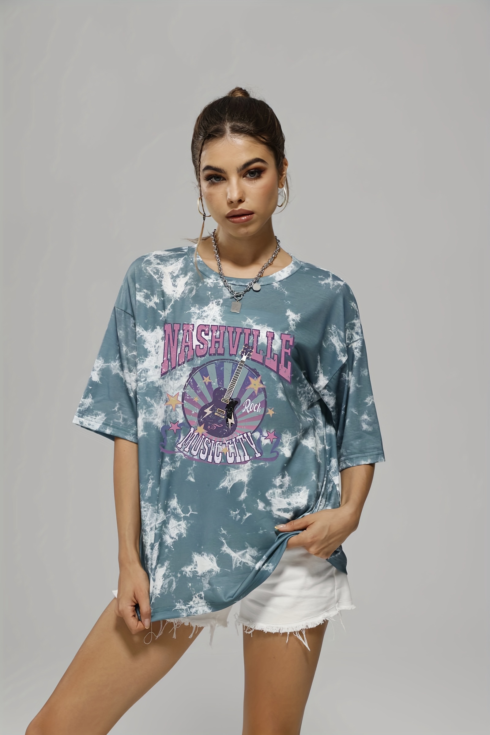 tie dye letter rock music guitar print tee summer round neck casual sports t shirts womens clothing details 1