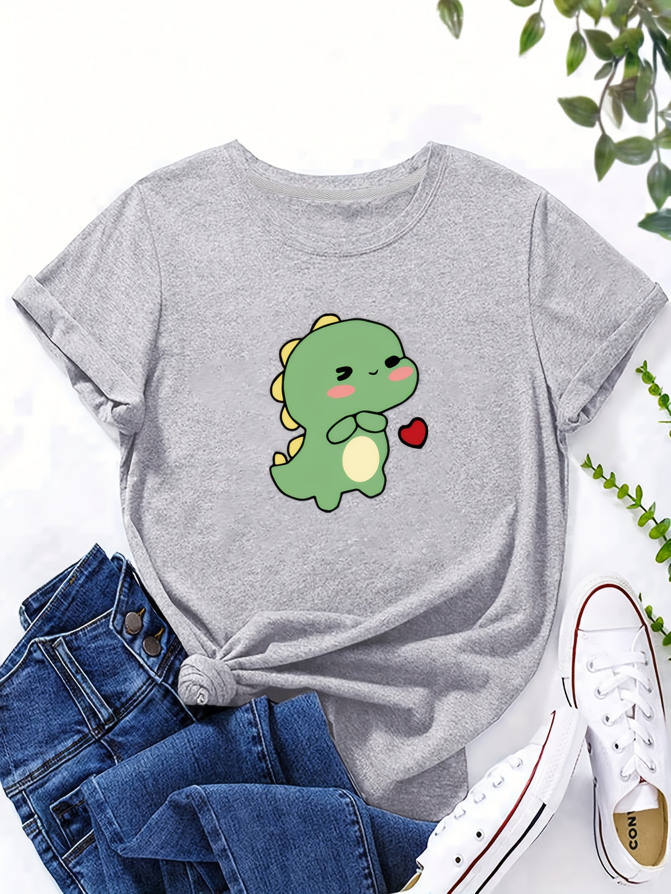 cartoon dinosaur print casual t shirt round neck short sleeves stretchy versatile sports tee womens tops details 0